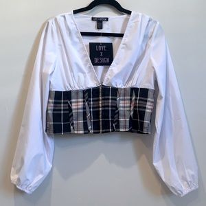Love by Design White Poplin + Plaid Corset Blouse NWT